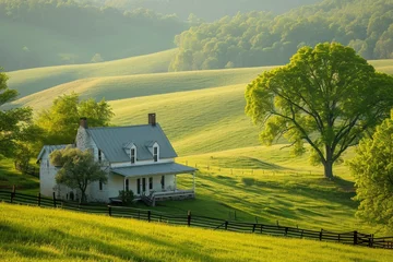 Foto op Plexiglas A white house stands atop a vibrant green hillside, providing an idyllic countryside setting, A rustic farmhouse nestled among rolling green hills, AI Generated © Iftikhar alam