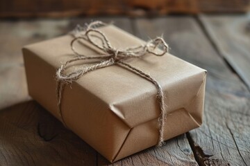 A photo of a neatly wrapped brown present placed on top of a sturdy wooden table, A rustic handcrafted gift box wrapped in brown paper and twine, AI Generated
