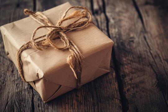 A photo showing a gift box covered in wrapping paper placed on a wooden table, A rustic handcrafted gift box wrapped in brown paper and twine, AI Generated