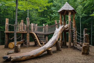 A wooden play area located in a forest, offering various activities for children to engage in amidst the natural surroundings, A rustic playground made from wood and natural materials, AI Generated