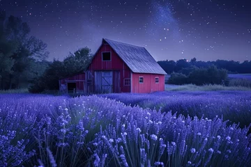 Photo sur Plexiglas Bleu foncé Red Barn Standing in a Field of Purple Flowers, A rustic red barn surrounded by a field of lavender under a soft moonlight, AI Generated