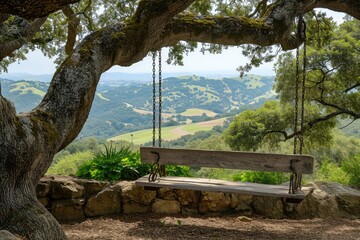 A wooden bench sits beneath the shade of a tree on a picturesque hilltop, A rustic wooden swing hanging from a large oak tree overlooking a serene valley, AI Generated