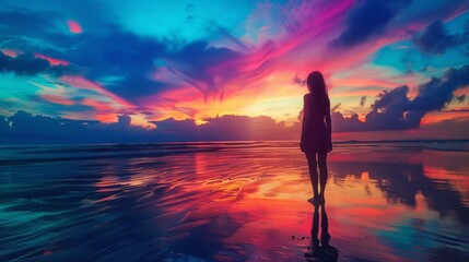 silhouette of a woman on the beach staring at colorful sky - obrazy, fototapety, plakaty