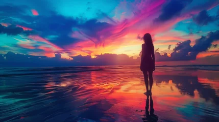 Poster silhouette of a woman on the beach staring at colorful sky © ryanbagoez
