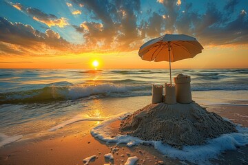 Sand Castle With Umbrella on Beach, A sandcastle on the edge of the ocean under an umbrella during a beach sunset, AI Generated