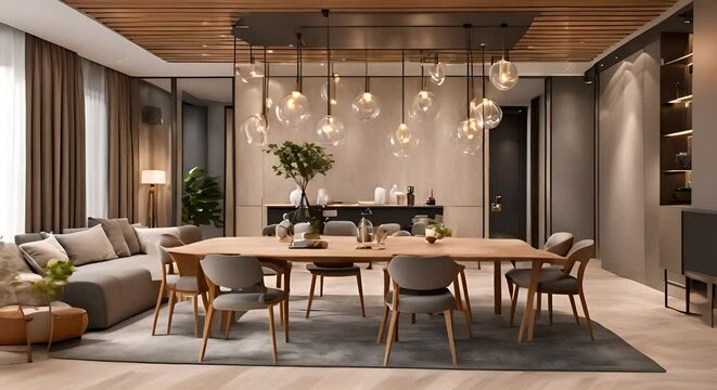 Modern interior of apartment dining room with table and chairs living room with sofa hall Home design 3d animation rendering