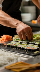 Obraz na płótnie Canvas Expert Sushi Chef Elegantly Prepares Sushi Rolls at a Restaurant