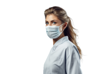 Professional female nurse with a protective mask, looking confidently to the side against a transparent background