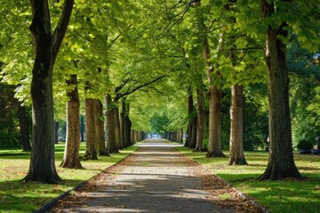 A straight pathway stretches through a city park, flanked by rows of tall trees, A scenic view of an avenue filled with beech trees in a city park, AI Generated