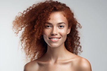 Beautiful young woman with curly red hair and freckles, smiling naturally on a light background.