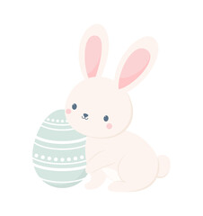Сute Easter bunny sitting next to big Easter egg, isolated on a white background. Flat vector illustration