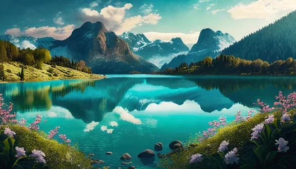 Photo sur Aluminium Vert bleu landscape with lake