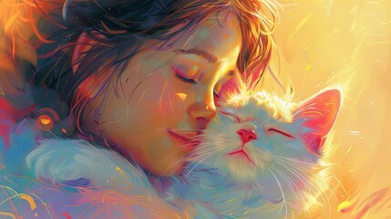 A tender illustration capturing a moment between a young girl and her cat, set against a rich, floral patterned background. - obrazy, fototapety, plakaty