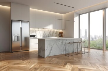 3D rendering of a modern kitchen interior with an island, bar counter and refrigerator on a wooden floor. Minimalist home design concept for a house or apartment
