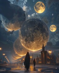Gigantic celestial moons loom over a historic city avenue, with two figures in contemplation...
