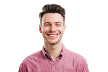 Portrait of a man with a pink shirt with a happy face isolated on a white background as transparent PNG