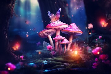 Fairytale illustration of glowing mushrooms in a fantasy forest 