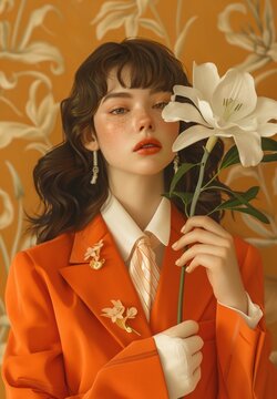 A young woman in an orange blazer holds a white lily, juxtaposed on a patterned backdrop, looking pensively to the side