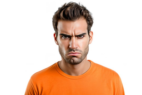 Portrait of a man with an orange shirt with a determine face isolated on a white background as transparent PNG
