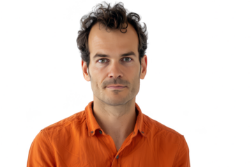 Portrait of a man with an orange shirt with a serene face isolated on a white background as transparent PNG