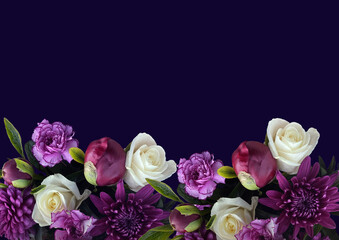 バラとペオニー他フラワーアレンジ フローラル　ダークブルー背景 03