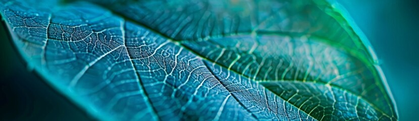 A detailed view of a vibrant green leaf in focus with a blurred background, showcasing intricate veins and textures. - obrazy, fototapety, plakaty
