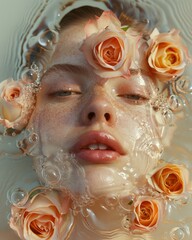 Delicate peach roses appear to float gracefully in a serene pool of water adorned with bubbles