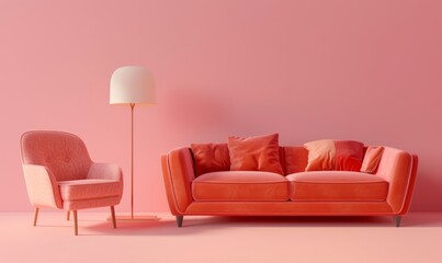 3D rendering of sofa and armchair on pink background as minimal concept for home interior design