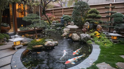 Schilderijen op glas A serene Japanese-inspired garden with a koi pond, stone lanterns, and meticulously pruned bonsai trees creating a tranquil retreat. © Balqees