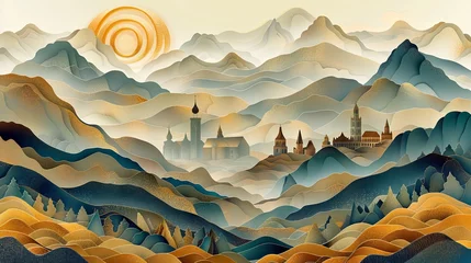 Fotobehang A serene, stylized illustration depicting a golden-hued mountain landscape with a flowing river under a full moon. © soysuwan123