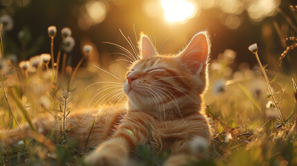 The silence of dawn is punctuated by the soft sounds of a cat awakening - obrazy, fototapety, plakaty