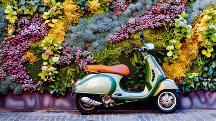 An electric scooter parked next to a living wall of plants in an urban setting, symbolizing green transportation options - obrazy, fototapety, plakaty