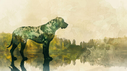 Great Dane Silhouette Double Exposed with Park Watercolor Art Gen AI