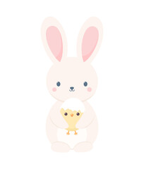 A cute rabbit holding a chick with an eggshell on its head, isolated on a white background. Flat vector illustration