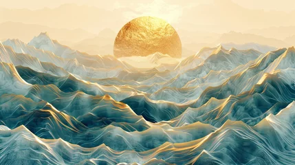 Papier Peint photo Vert bleu A serene, stylized illustration depicting a golden-hued mountain landscape with a flowing river under a full moon.