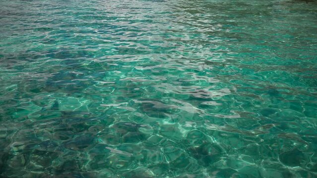 Pure blue water in pool with light reflections. Slow motion.