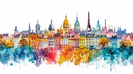 Artistic watercolor painting featuring iconic European city skylines blended in a vibrant and colorful abstract style. - obrazy, fototapety, plakaty