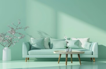 3D rendering of a sofa and coffee table with a pastel green colored wall background