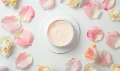 Blank creme jar mockup encircled by pastel flower petals on a white background, top view