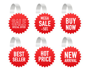 Advertising wobbler labels. Realistic wobblers for sale with discount sale and special offer price tag. Supermarket promotional wobblers isolated on white background. Vector illustration