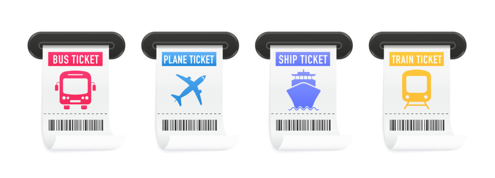 Travel tickets from ticket machine slot for bus, plane, ship and train. World traveler set. Airplane ticket with barcode. Ticket elements with thin line icons. Transport pictogram. Vector illustration