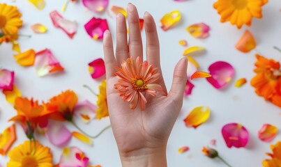 Close-up of a woman's hand holding colorful flower petals