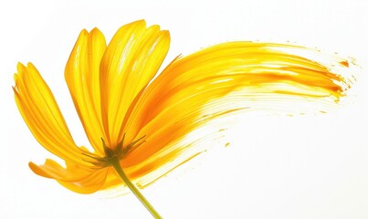 Colored brush stroke shaping a chamomile petal, soft yellow chamomile flower on white background