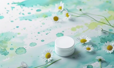 Obraz na płótnie Canvas Cosmetic jar blank mockup placed on a serene watercolor chamomile background
