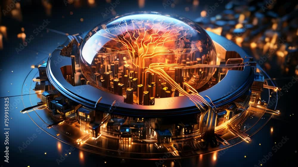 Poster the concept of a futuristic high-tech big smart city with computer technology microchips and microch