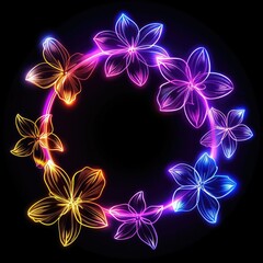 Neon flower wreath light drawing on black background.