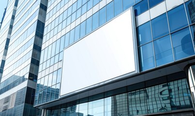 Blank screen banner mockup displayed on the modern building facade. Close Up view.