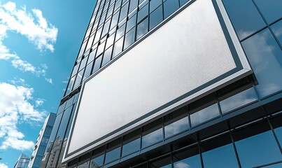 Fototapeta na wymiar Blank screen banner mockup displayed on the modern building facade. Close Up view.