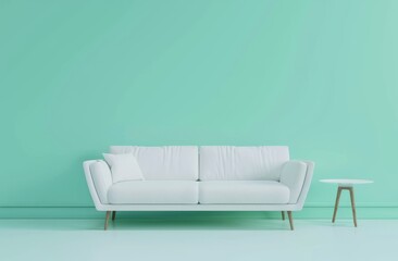 3D rendering of a white sofa and coffee table against a pastel green wall background