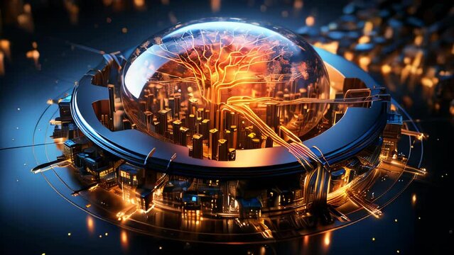The concept of a Futuristic high-tech big smart city with computer technology microchips and microchips with processors and transistors to control artificial intelligence
